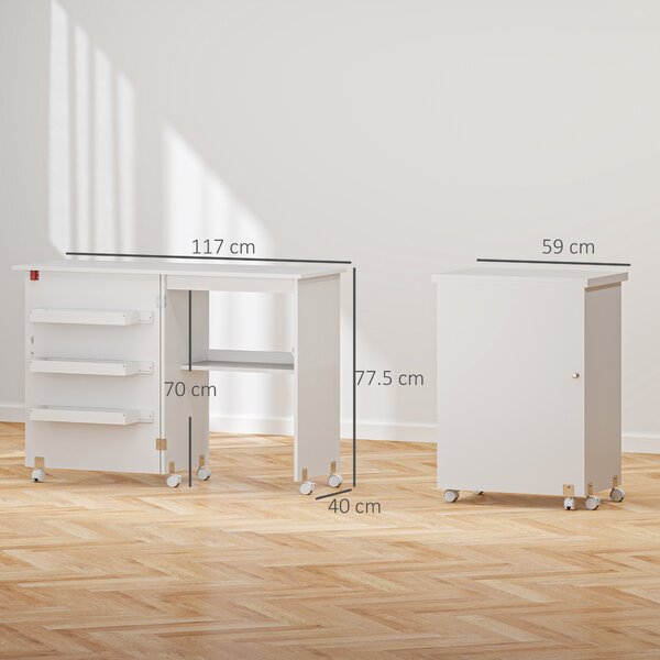 HOMCOM Folding Sewing Table, Drop Leaf Craft Table with Storage Bins, Open Shelf and Wheels for Small Space, White Aosom UK