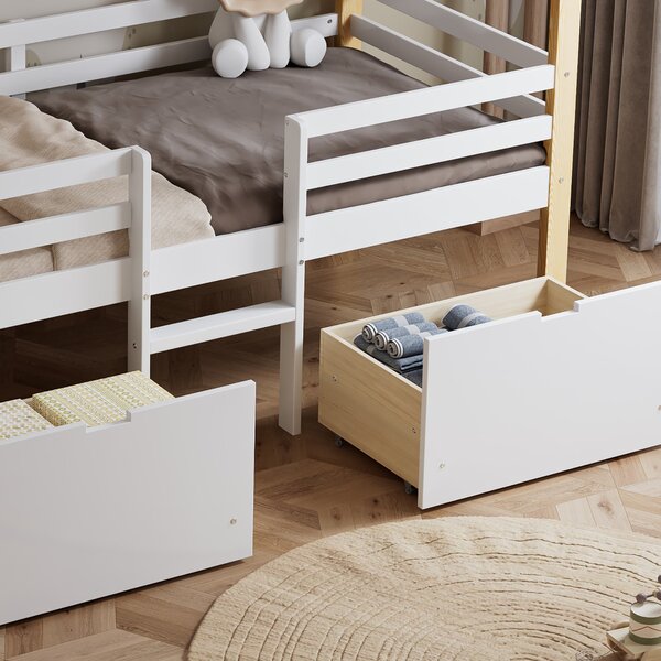 3ft Children's Bed with 2 Storage Drawers, Safety Guardrail, Wood Frame, Single Bed with Roof Design, 201.5L x 95W x 212H cm, White+Natural Aosom UK