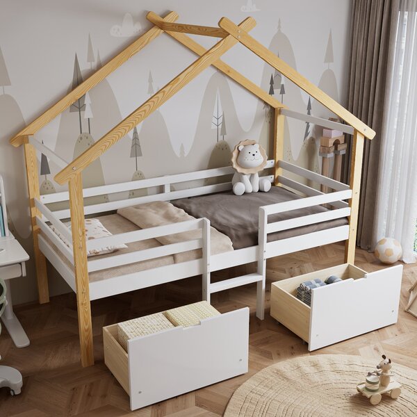 3ft Children's Bed with 2 Storage Drawers, Safety Guardrail, Wood Frame, Single Bed with Roof Design, 201.5L x 95W x 212H cm, White+Natural Aosom UK
