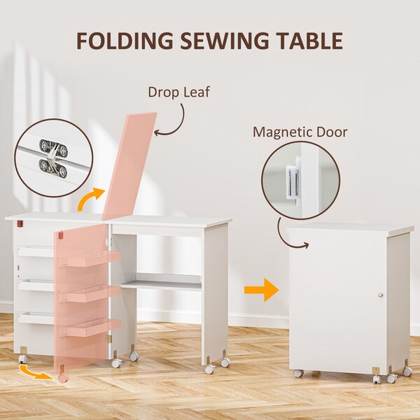 HOMCOM Folding Sewing Table, Drop Leaf Craft Table with Storage Bins, Open Shelf and Wheels for Small Space, White Aosom UK
