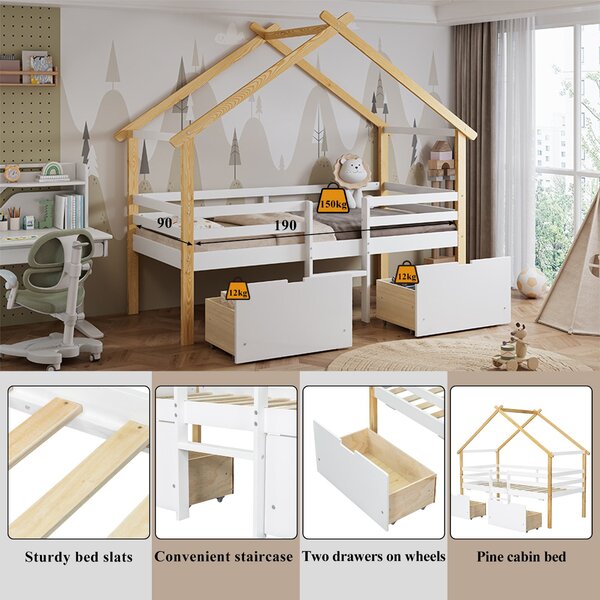 3ft Children's Bed with 2 Storage Drawers, Safety Guardrail, Wood Frame, Single Bed with Roof Design, 201.5L x 95W x 212H cm, White+Natural Aosom UK