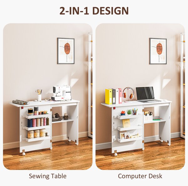 HOMCOM Folding Sewing Table, Drop Leaf Craft Table with Storage Bins, Open Shelf and Wheels for Small Space, White Aosom UK