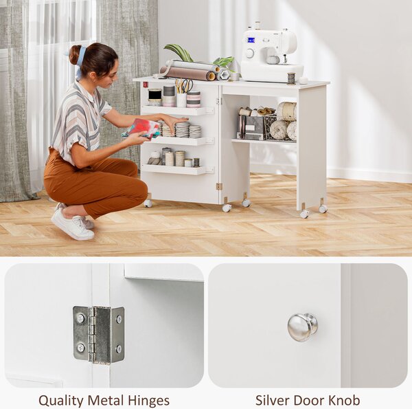 HOMCOM Folding Sewing Table, Drop Leaf Craft Table with Storage Bins, Open Shelf and Wheels for Small Space, White Aosom UK