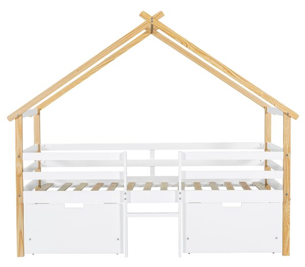 3ft Children's Bed with 2 Storage Drawers, Safety Guardrail, Wood Frame, Single Bed with Roof Design, 201.5L x 95W x 212H cm, White+Natural Aosom UK