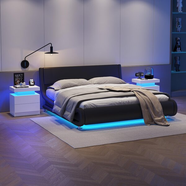 Multi-Functional LED Nightstand with Adjustable Lights, 2 Drawers, Modern Bedside Table for Bedroom, Living Room, 49L x 35W x 52H cm, White Aosom.UK