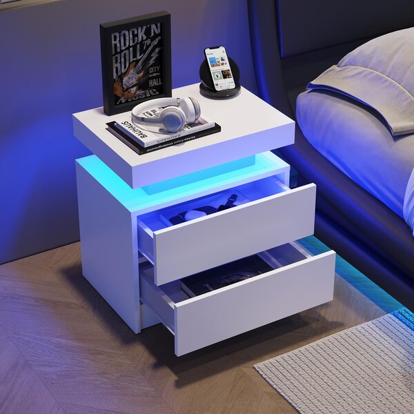 Multi-Functional LED Nightstand with Adjustable Lights, 2 Drawers, Modern Bedside Table for Bedroom, Living Room, 49L x 35W x 52H cm, White Aosom.UK