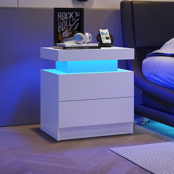 Multi-Functional LED Nightstand with Adjustable Lights, 2 Drawers, Modern Bedside Table for Bedroom, Living Room, 49L x 35W x 52H cm, White Aosom.UK