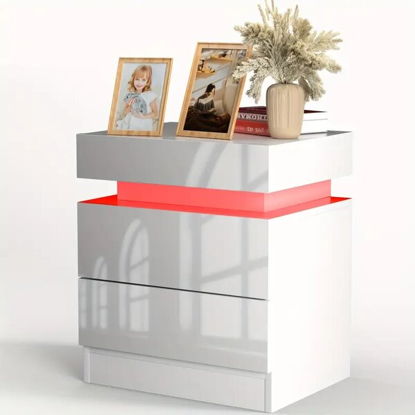 Multi-Functional LED Nightstand with Adjustable Lights, 2 Drawers, Modern Bedside Table for Bedroom, Living Room, 49L x 35W x 52H cm, White Aosom.UK