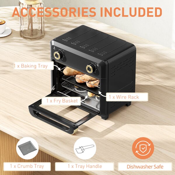 HOMCOM 10L Air Fryer Oven, Mini Oven, Oil Free Cooking, Grill, Roast, Bake, with Adjustable Temperature, Timer, 1000W, Black Aosom UK