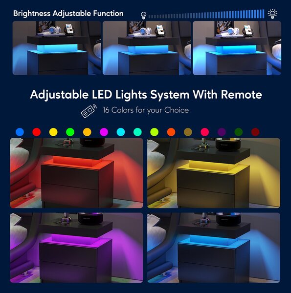 Space-Saving Nightstand with Adjustable LED Lights, 2 Drawers, Modern Bedside Table for Bedroom, Living Room, 49L x 35W x 52H cm, Black Aosom.UK