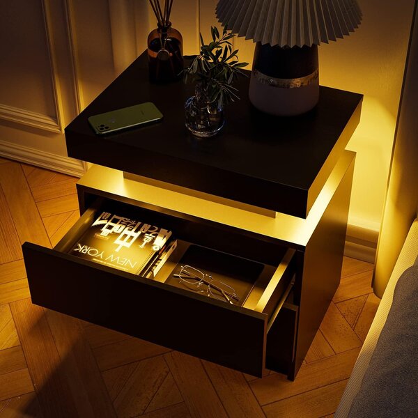 Space-Saving Nightstand with Adjustable LED Lights, 2 Drawers, Modern Bedside Table for Bedroom, Living Room, 49L x 35W x 52H cm, Black Aosom.UK