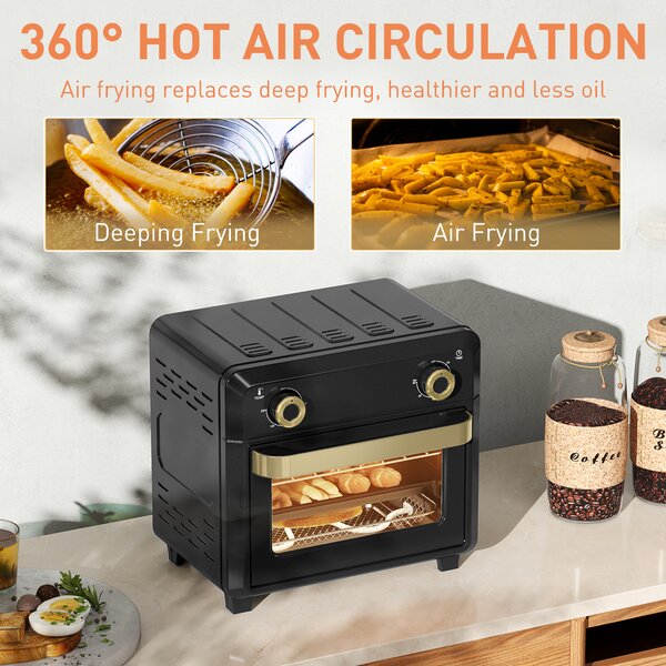 HOMCOM 10L Air Fryer Oven, Mini Oven, Oil Free Cooking, Grill, Roast, Bake, with Adjustable Temperature, Timer, 1000W, Black Aosom UK