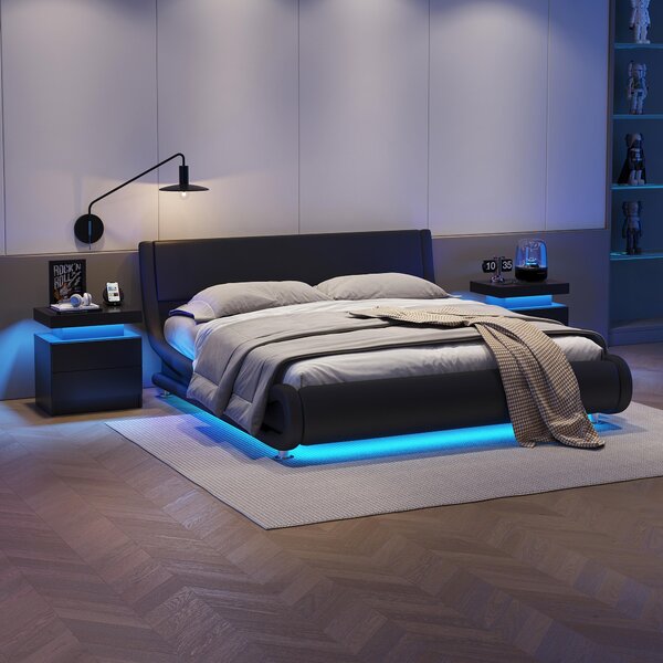 Space-Saving Nightstand with Adjustable LED Lights, 2 Drawers, Modern Bedside Table for Bedroom, Living Room, 49L x 35W x 52H cm, Black Aosom.UK