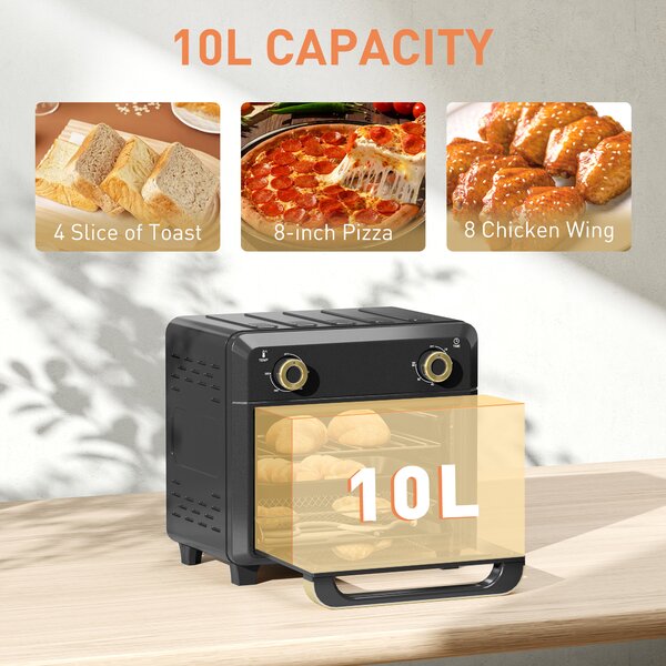 HOMCOM 10L Air Fryer Oven, Mini Oven, Oil Free Cooking, Grill, Roast, Bake, with Adjustable Temperature, Timer, 1000W, Black Aosom UK