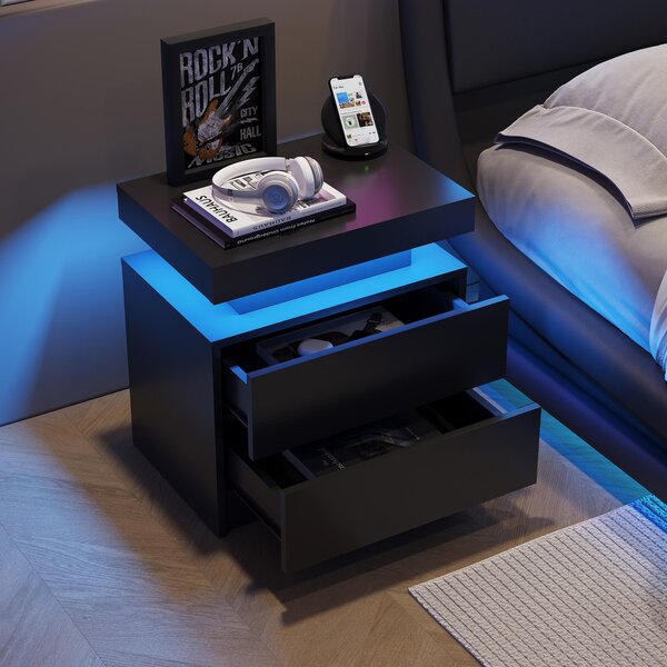 Space-Saving Nightstand with Adjustable LED Lights, 2 Drawers, Modern Bedside Table for Bedroom, Living Room, 49L x 35W x 52H cm, Black Aosom.UK