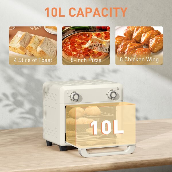 HOMCOM 10L Air Fryer Oven, Mini Oven, Oil Free Cooking, Grill, Roast, Bake, with Adjustable Temperature, Timer, 1000W, Cream White Aosom UK