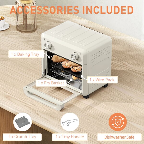 HOMCOM 10L Air Fryer Oven, Mini Oven, Oil Free Cooking, Grill, Roast, Bake, with Adjustable Temperature, Timer, 1000W, Cream White Aosom UK