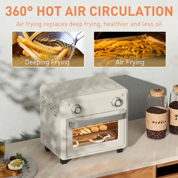 HOMCOM 10L Air Fryer Oven, Mini Oven, Oil Free Cooking, Grill, Roast, Bake, with Adjustable Temperature, Timer, 1000W, Cream White Aosom UK
