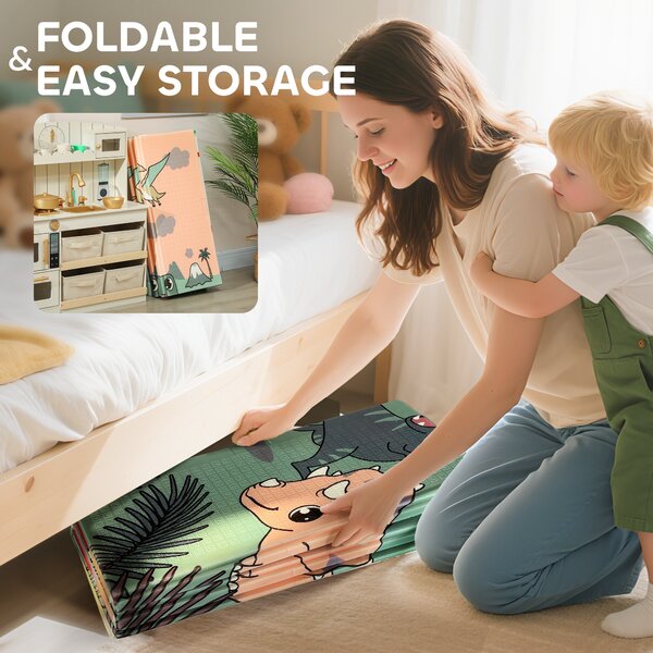 AIYAPLAY Baby Play Mat, Double Sideded Foldable Kids Crawling Mat, Reversible & Waterproof, Dinosaur