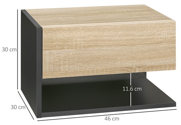 HOMCOM Floating Bedside Table Set of 2, Wall Mounted Bedside Cabinet with Drawer and Open Shelf, Modern Nightstand for Bedroom, 46 x 30 x 30 cm, Oak Tone