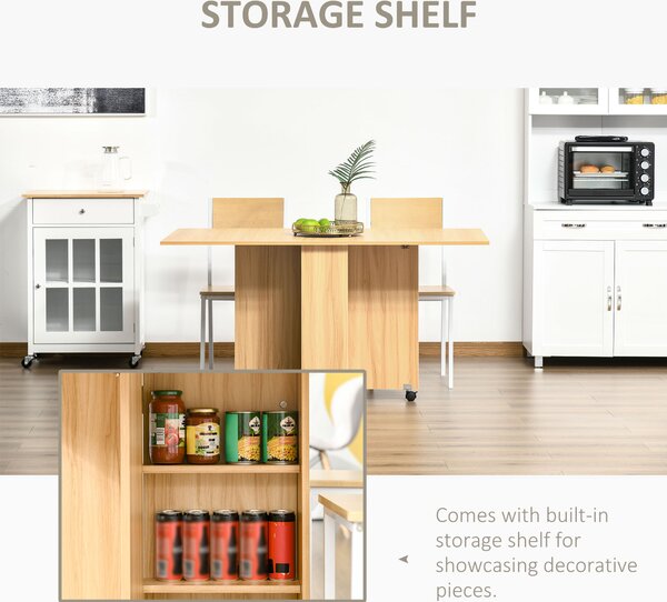 HOMCOM Folding Dining Table, Drop Leaf Table for Small Spaces, Foldable Rectangular Tabletop with Storage Shelves for Kitchen, Dining Room, Teak