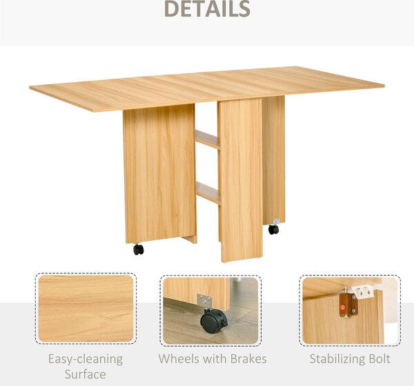 HOMCOM Folding Dining Table, Drop Leaf Table for Small Spaces, Foldable Rectangular Tabletop with Storage Shelves for Kitchen, Dining Room, Teak