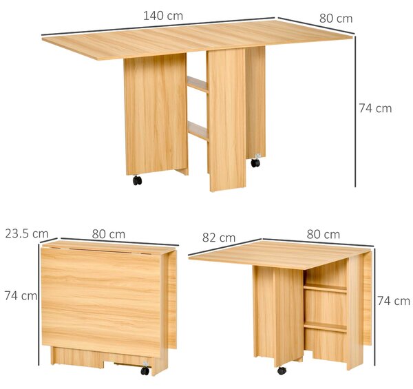 HOMCOM Folding Dining Table, Drop Leaf Table for Small Spaces, Foldable Rectangular Tabletop with Storage Shelves for Kitchen, Dining Room, Teak