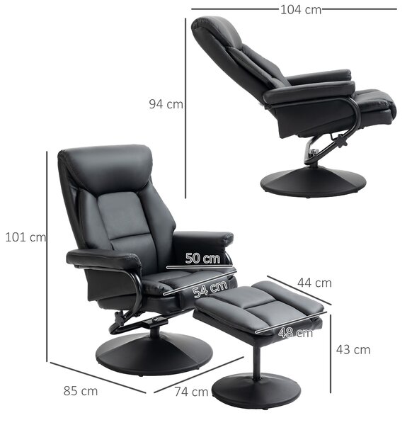 HOMCOM Swivel Recliner Chair with Footstool, PU Leather Recliner Armchair with Ottoman, Steel Base, Upholstered Reclining Chair for Living Room, Bedroom, Office, Black