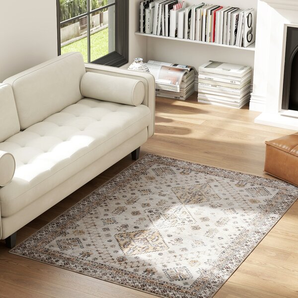 HOMCOM Vintage Area Rug, Non-Slip Washable Rug, Flannel Floor Carpet for Living Room, Bedroom, Dining Room, Home Office, 170 x 120 cm, Beige
