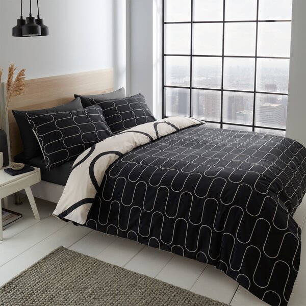 Catherine Lansfield Linear Curve Geometric Black Reversible Duvet Cover & Pillowcase Set