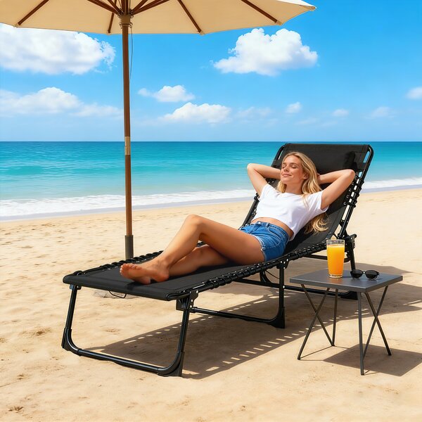 Outsunny Garden Reclining Lounger, Folding with 4 Position Adjustable Back, 100% PVC Fabric, Camping and Hiking Recliner, Black Aosom UK