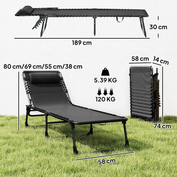 Outsunny Garden Reclining Lounger, Folding with 4 Position Adjustable Back, 100% PVC Fabric, Camping and Hiking Recliner, Black Aosom UK
