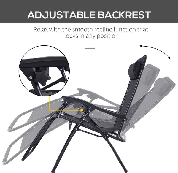 Outsunny Zero Gravity Chair Set of 2, Metal Frame Texteline Armchair Outdoor Folding and Reclining Sun Lounger with Head Pillow for Patio Decking Gardens Camping, Black
