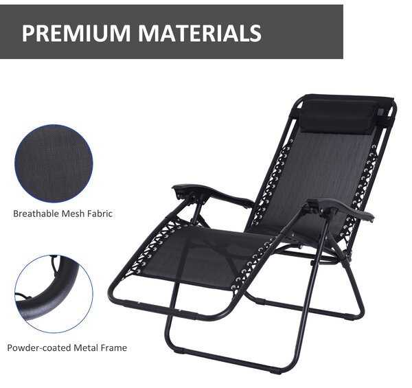 Outsunny Zero Gravity Chair Set of 2, Metal Frame Texteline Armchair Outdoor Folding and Reclining Sun Lounger with Head Pillow for Patio Decking Gardens Camping, Black