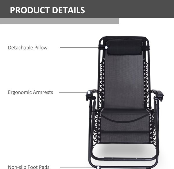 Outsunny Zero Gravity Chair Set of 2, Metal Frame Texteline Armchair Outdoor Folding and Reclining Sun Lounger with Head Pillow for Patio Decking Gardens Camping, Black