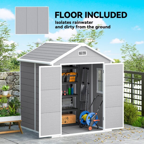 Outsunny 6 x 5ft Garden Storage Shed with Floor, Window, Lockable Doors & Vents, Resin Tool Shed for Outdoor Patio, Dark Grey Aosom UK
