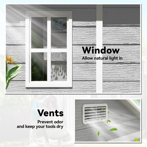 Outsunny 6 x 5ft Garden Storage Shed with Floor, Window, Lockable Doors & Vents, Resin Tool Shed for Outdoor Patio, Dark Grey Aosom UK