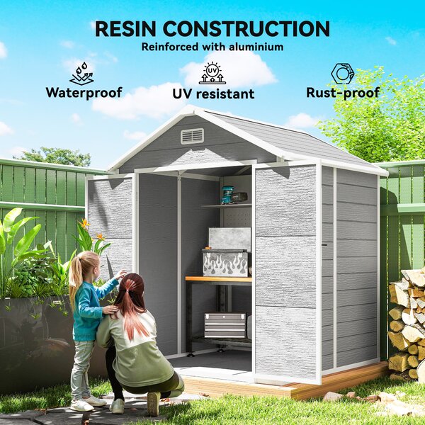 Outsunny 6 x 5ft Garden Storage Shed with Floor, Window, Lockable Doors & Vents, Resin Tool Shed for Outdoor Patio, Dark Grey Aosom UK
