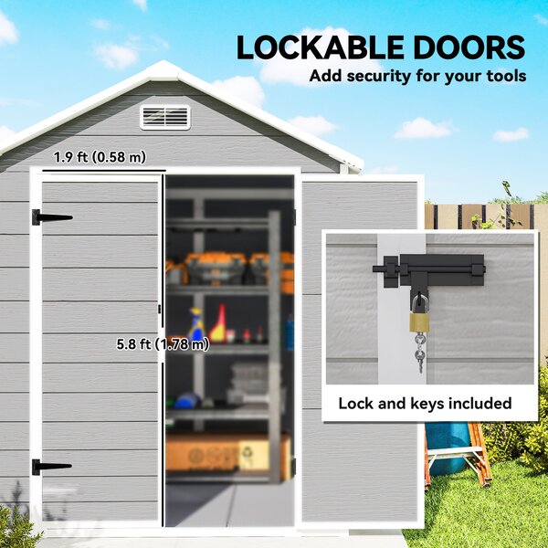 Outsunny 6 x 5ft Garden Storage Shed with Floor, Window, Lockable Doors & Vents, Resin Tool Shed for Outdoor Patio, Dark Grey Aosom UK