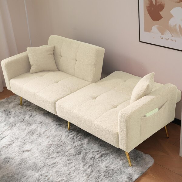 Sherpa Convertible Sofa Bed with 2 Side Pockets, Adjustable Backrest, Golden Legs, Elegant Loveseat for Bedroom, 176L x 64W x 75H cm, Beige Aosom.UK