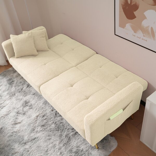 Sherpa Convertible Sofa Bed with 2 Side Pockets, Adjustable Backrest, Golden Legs, Elegant Loveseat for Bedroom, 176L x 64W x 75H cm, Beige Aosom.UK