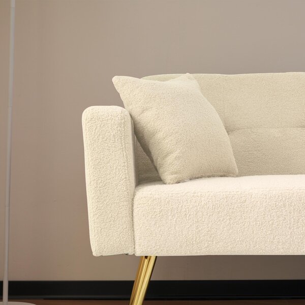 Sherpa Convertible Sofa Bed with 2 Side Pockets, Adjustable Backrest, Golden Legs, Elegant Loveseat for Bedroom, 176L x 64W x 75H cm, Beige Aosom.UK