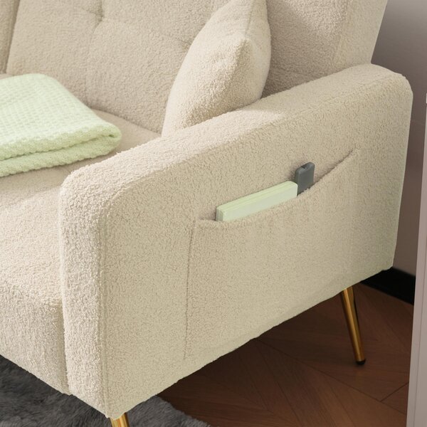 Sherpa Convertible Sofa Bed with 2 Side Pockets, Adjustable Backrest, Golden Legs, Elegant Loveseat for Bedroom, 176L x 64W x 75H cm, Beige Aosom.UK