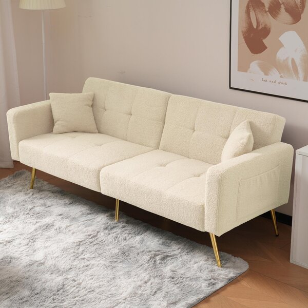 Sherpa Convertible Sofa Bed with 2 Side Pockets, Adjustable Backrest, Golden Legs, Elegant Loveseat for Bedroom, 176L x 64W x 75H cm, Beige Aosom.UK