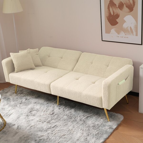 Sherpa Convertible Sofa Bed with 2 Side Pockets, Adjustable Backrest, Golden Legs, Elegant Loveseat for Bedroom, 176L x 64W x 75H cm, Beige Aosom.UK