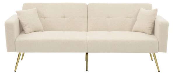 Sherpa Convertible Sofa Bed with 2 Side Pockets, Adjustable Backrest, Golden Legs, Elegant Loveseat for Bedroom, 176L x 64W x 75H cm, Beige Aosom.UK
