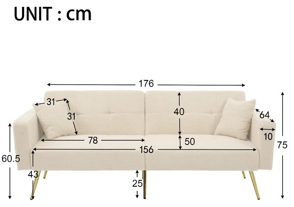 Sherpa Convertible Sofa Bed with 2 Side Pockets, Adjustable Backrest, Golden Legs, Elegant Loveseat for Bedroom, 176L x 64W x 75H cm, Beige Aosom.UK