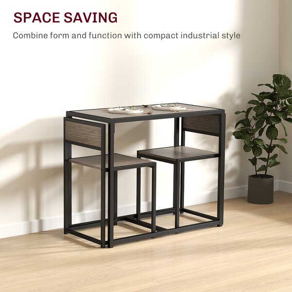 HOMCOM Dining Table and Chairs Set 2, Dining Room Sets, Rectangular Space Saving Table and 2 Chairs for Compact Kitchens, Steel Frame, Grey