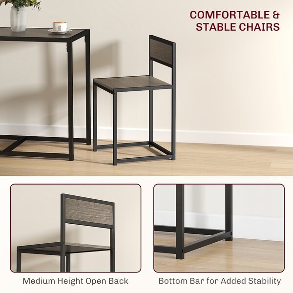 HOMCOM Dining Table and Chairs Set 2, Dining Room Sets, Rectangular Space Saving Table and 2 Chairs for Compact Kitchens, Steel Frame, Grey