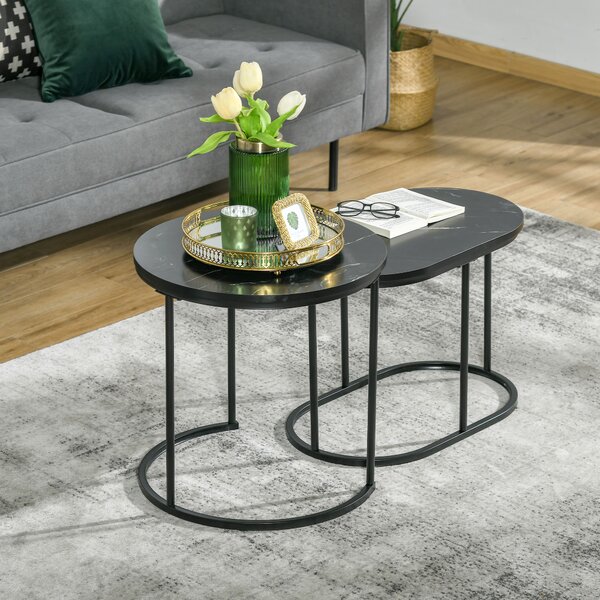 HOMCOM Marble-Effect Nest of Tables - Black/White Aosom UK